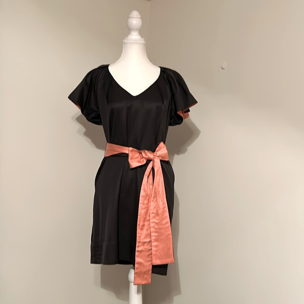 French Connection Puff Sleeve Mini Dress Women's 8 Black w/ coral Sash Bow